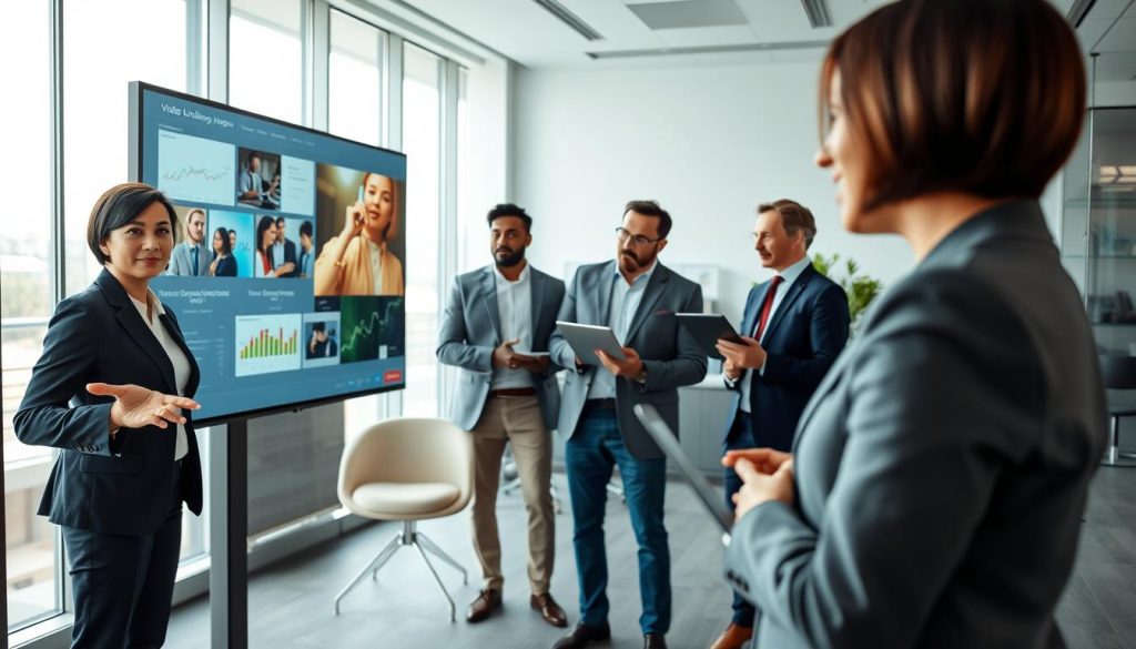 video campaign management services|A professional video production environment showcasing a confident business team collaborating on visual content. In the foreground