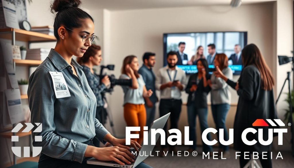 video campaign services|A dynamic and engaging office environment with a diverse team brainstorming video campaign ideas. In the foreground