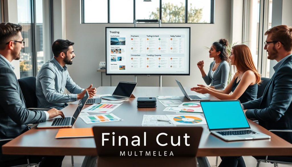 video content planning services|A sleek workspace featuring a professional businesswoman in smart attire