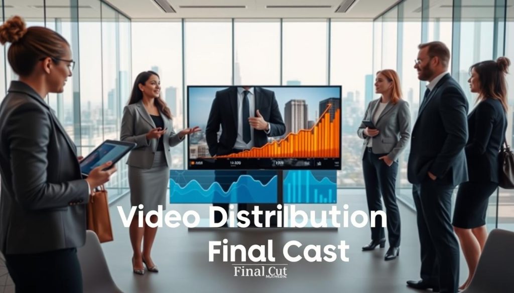 video distribution services|A dynamic scene showcasing a professional video production setup by Final Cut Multimedia in a stylish Charlotte office. In the foreground