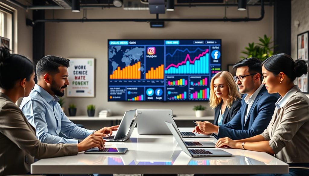 what is a social media content retainer|A professional business setting featuring a diverse group of four individuals engaged in a strategic planning session. In the foreground